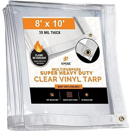 Xpose Safety 8 ft x 10 ft Heavy Duty 20 Mil Tarp, Clear, Vinyl, Fire Retardant CVTFR-810